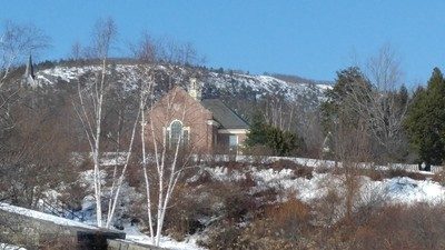 Winter in Camden; view of Library and Mount Battie from the downtown landing