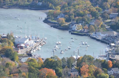 Panned out view of a harbor full of boats with many businesses, homes, and trees with fall colors around the water's edge